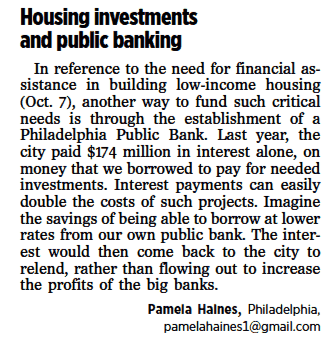 Image of Pamela Haines' Letter to the Editor titled "Housing investments and public banking"
